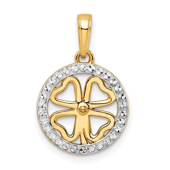 14k Yellow Gold w/White Rhodium Diamond-cut Four-leaf Clover Pendant